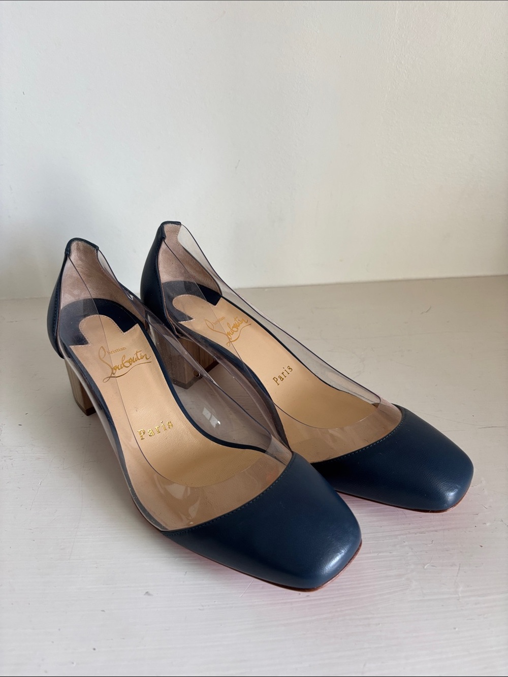 Christian Louboutin Navy Leather & PVC Block Heel Pumps - 36